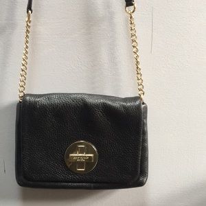 Black leather purse with gold chain, small